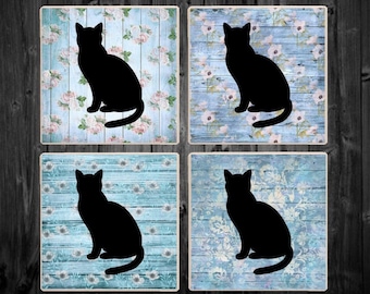 Cat Coasters, Cat Coaster Gift, Cat Mom Coasters, Cat Lover Gift, Cat Lover Coasters, Blue Floral Cat Coasters