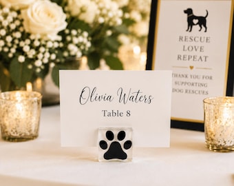 Dog Paw Print Place Card & Photo Holder, Pet Memorial Gift, Rescue Fundraiser Favor, Glass and Marble Dog Lover Gift, Place Card Holder