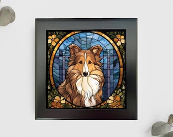 Sheltie Jewelry or Keepsake Box, Sheltie Memory Box, Sheltie Pet Loss Gift, Sheltie Decorative Box, Sheltie Faux Stained-Glass Style Box