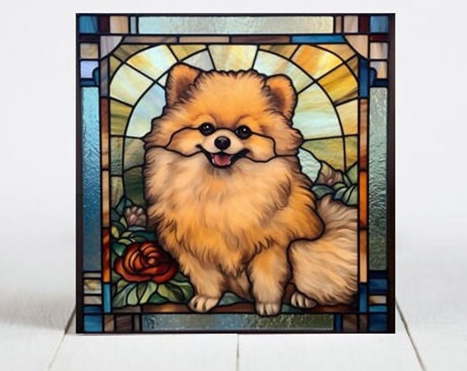 Pomeranian Ceramic Tile, Pomeranian Decorative Tile, Pomeranian Gift, Pomeranian Coaster, Faux Stained-Glass Dog Art