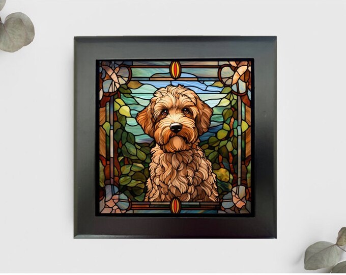 Labradoodle Jewelry or Keepsake Box, Labradoodle Memory Box, Labradoodle Pet Loss Gift, Faux Stained-Glass Style