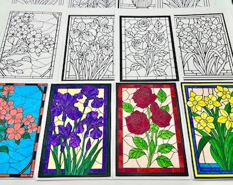 DIY Coloring Notecard Kit – 5x7 Faux Stained Glass Floral Card with Envelope | Set of 2, 4 or 8 Designs | Adult Creative Coloring Gift