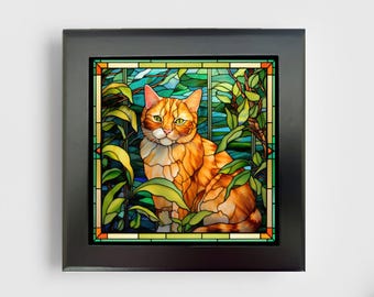 May include: A square framed wall art piece featuring a stained glass style illustration of an orange tabby cat sitting among green foliage. The cat has bright green eyes and is surrounded by blue and green leaves within a dark black frame.