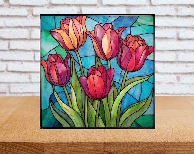 Pink Tulip Wall Art, Tulip Decorative Art, Floral Sign, Floral Home Decor, Floral Art Gift, Tulip Wall Art, Faux Stained-Glass Art