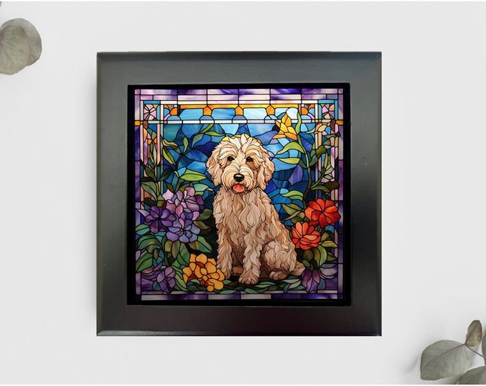 Goldendoodle Jewelry or Keepsake Box, Goldendoodle Memory Box, Goldendoodle Gift, Goldendoodle Pet Loss Gift, Faux Stained-Glass