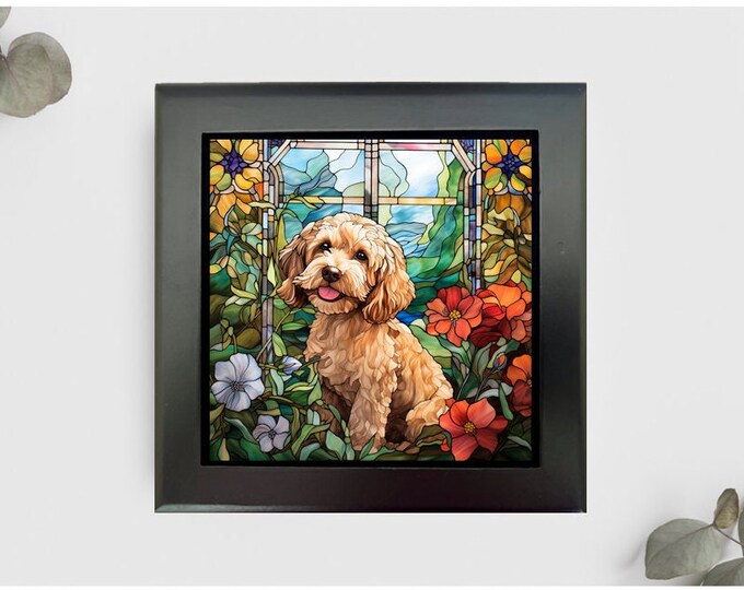 Cockapoo Jewelry or Keepsake Box, Cockapoo Memory Box, Cockapoo Decorative Box, Cockapoo Pet Loss Gift, Cockapoo Gift, Faux Stained Glass