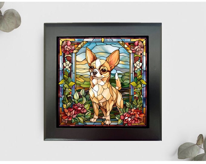 Chihuahua Jewelry or Keepsake Box, Chihuahua Memory Box, Chihuahua Decorative Box, Pet Loss Gift, Chihuahua Gift, Faux Stained Glass