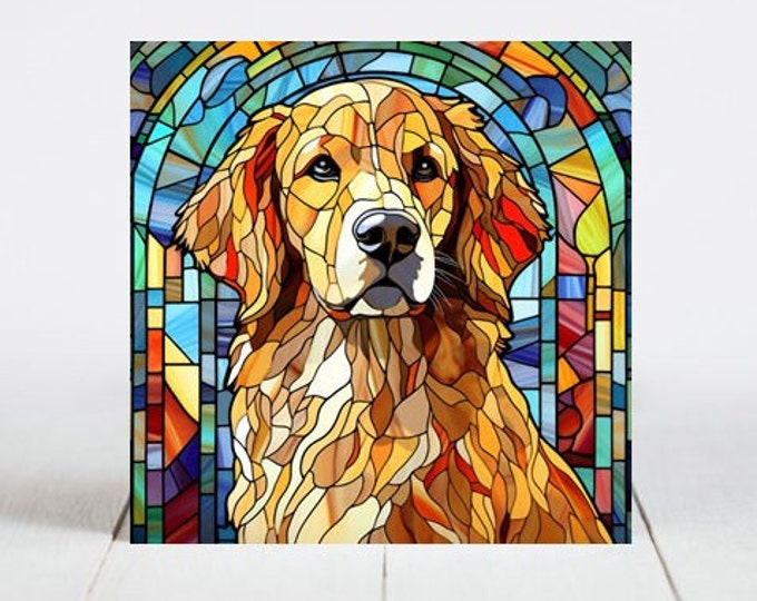 Golden Retriever Ceramic Tile, Golden Retriever Decorative Tile, Golden Retriever Gift, Golden Retriever Coaster, Faux Stained-Glass Dog Art