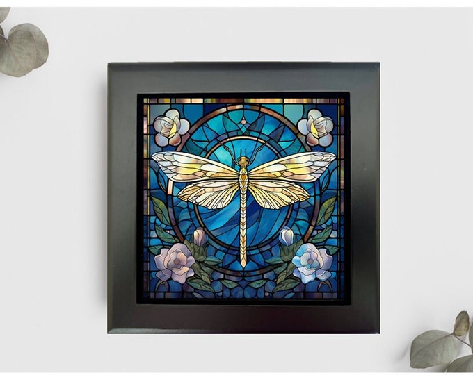 Dragonfly Jewelry or Keepsake Box, Dragonfly Memory Box, Dragonfly Decorative Box, Dragonfly Gift, Dragonfly Home Decor, Faux Stained Glass