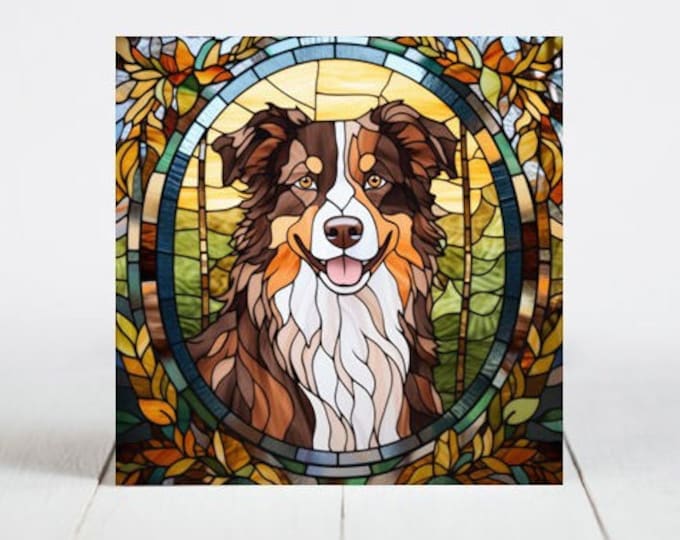 Australian Shepherd Ceramic Tile, Australian Shepherd Decorative Tile, Australian Shepherd Gift, Aussie Coaster, Faux Stained-Glass Dog Art