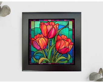 Tulip Jewelry or Keepsake Box, Tulip Memory Box, Tulip Decorative Box, Tulip Gift, Tulip Home Decor, Tulip Decor, Faux Stained-Glass Box