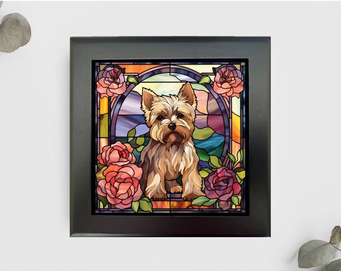 Yorkie Jewelry or Keepsake Box, Yorkie Memory Box, Yorkie Pet Loss Gift, Yorkie Box, Faux Stained-Glass Style Box