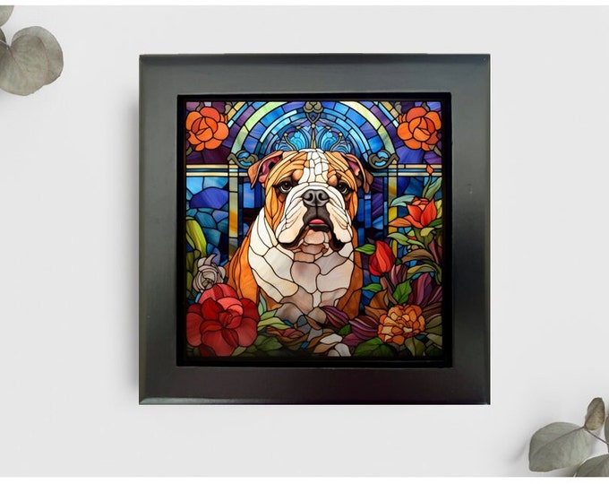 Bulldog Jewelry or Keepsake Box, Bulldog Memory Box, Bulldog Decorative Box, Pet Loss Gift, Bulldog Gift, Faux Stained Glass