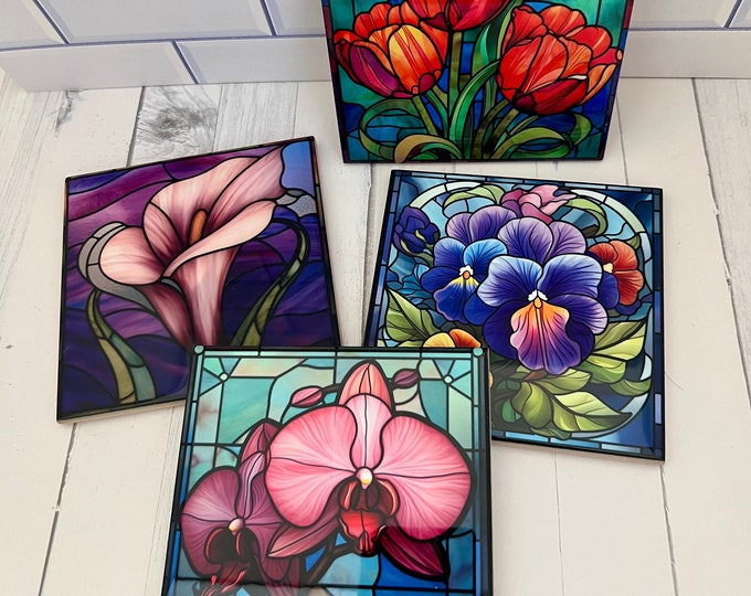 Floral Coasters, Floral Coaster Set, Floral Coaster Gift, Faux Stained Glass Floral Coaster Gift, Mother's Day Coaster Gift