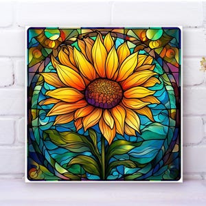 Faux Stained-Glass Sunflower Wall Art – Metal Panel on Wood – Sunflower Decor – Gift – Decorative Sign–Ready to Ship