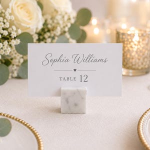 May include: A white rectangular place card with the printed name Sophia Williams and the text TABLE 12 separated by a small heart icon. The card is held upright by a small, square, white and gray marbled stone block base.