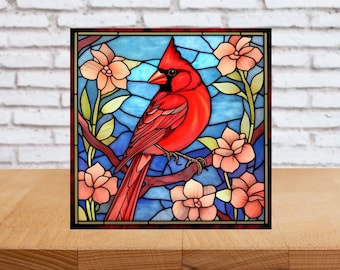 Red Cardinal Wall Art, Cardinal Decorative Wood Art, Cardinal Sign, Cardinal Home Decor, Cardinal Gift, Bird Wall Art, Faux Stained-Glass