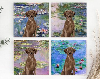 Chocolate Labrador Monet Waterlilies Coaster, Chocolate Lab Coasters, Chocolate Lab Gift, Chocolate Lab Coasters, Chocolate Lab Coaster Set