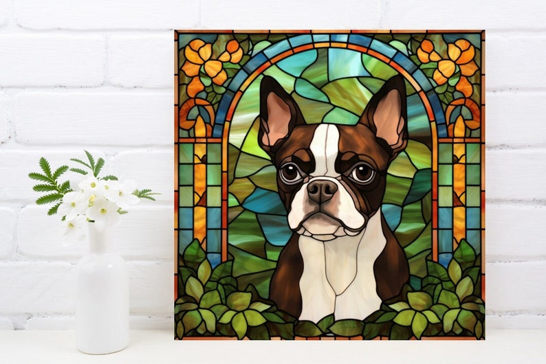 Boston Terrier Wall Art, Brown Boston Terrier Decorative Art, Boston Terrier Sign, Boston Terrier Home Decor, Faux Stained-Glass Art image 6