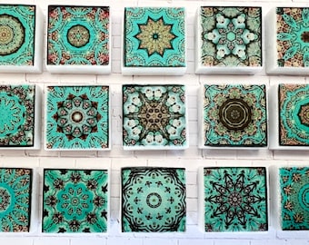 6 Teal and Gold Marble Mandala Magnets, Square Mandala magnet set, Mandala Magnets, Mandala Refrigerator Magnets, Mandala Party Favors