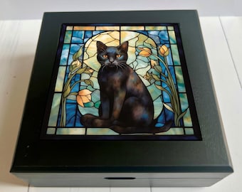 Black Cat Keepsake Box, Faux Stained Glass Jewelry Box, Cat Lover Gift, Pet Memorial Gift