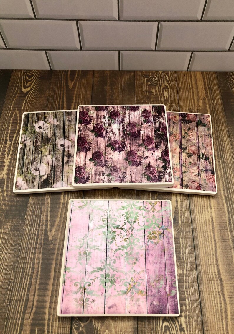 Shabby Chic Decor Shabby Chic Coaster Set Distressed Floral Coasters Set of 4 Shabby Chic Coasters Rustic Wood Coaster Gift