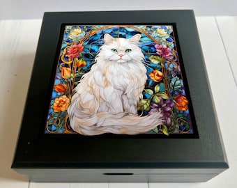 Persian Cat Keepsake Box, Faux Stained Glass Jewelry Box, Cat Lover Gift, Pet Memorial Gift