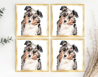 Australian Shepherd Coasters - Set of 4 Coasters - Australian Shepherd Drink Coaster, Australian Shepherd Decorative Tile