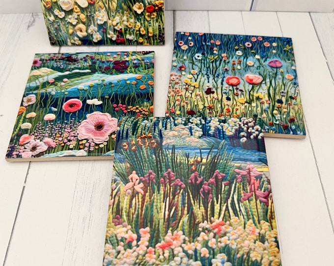 Floral Meadows Coasters, Wildflower Coaster Set, Floral Coaster Gift, Floral Drink Coasters, Faux Embroidery Wildflower Coaster Gift