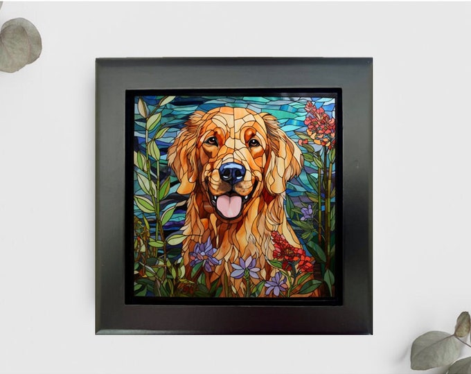 Golden Retriever Jewelry or Keepsake Box, Golden Retriever Memory Box, Golden Retriever Gift, Retriever Pet Loss Gift, Faux Stained-Glass