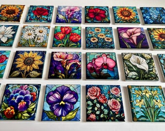 Flower Craft Tiles for DIY Projects | Square Floral Craft Tiles | Faux Stained Glass Floral Tiles | Magnet Craft Tiles| Home Decor Tiles