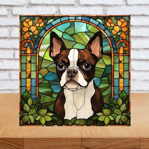 Boston Terrier Wall Art, Brown Boston Terrier Decorative Art, Boston Terrier Sign, Boston Terrier Home Decor, Faux Stained-Glass Art