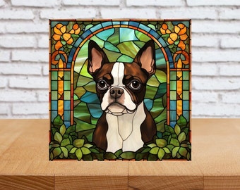 Boston Terrier Wall Art, Brown Boston Terrier Decorative Art, Boston Terrier Sign, Boston Terrier Home Decor, Faux Stained-Glass Art