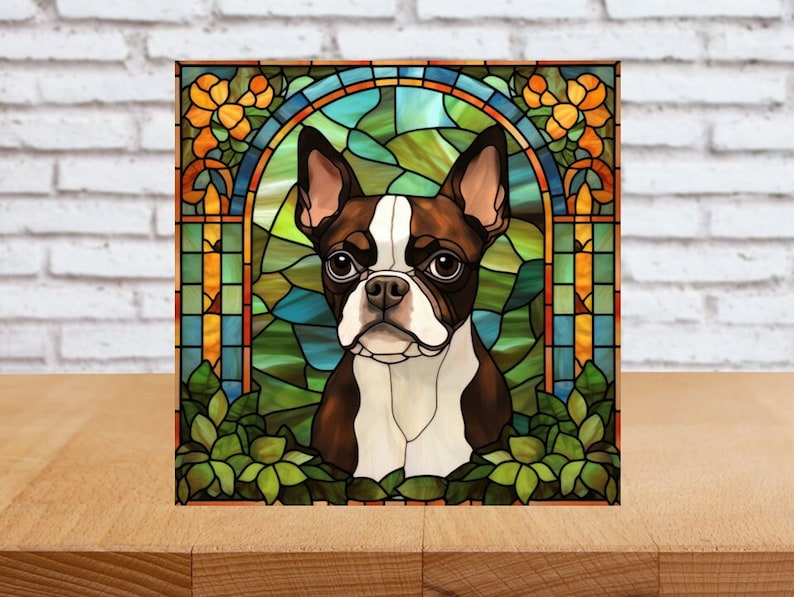 Boston Terrier Wall Art, Brown Boston Terrier Decorative Art, Boston Terrier Sign, Boston Terrier Home Decor, Faux Stained-Glass Art image 1