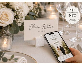 Wedding Place Card Holder, White Glitter Escort Card Stand, Interactive Wedding Favor, NFC Keepsake, No App Required