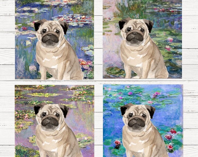 Pug Monet Waterlilies Coaster, Pug Coasters, Pug Gift, Pug Coaster Set