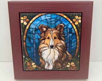 Sheltie Framed Ceramic Tile, Sheltie Decorative Tile, Sheltie Gift, Sheltie Coaster, Faux Stained-Glass Dog Art