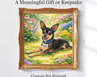 Custom Watercolor Dog Art from Photo, Floral Garden Dog or Cat Art, Personalized Digital Download, Dog Memorial Gift, Dog Lover Gift