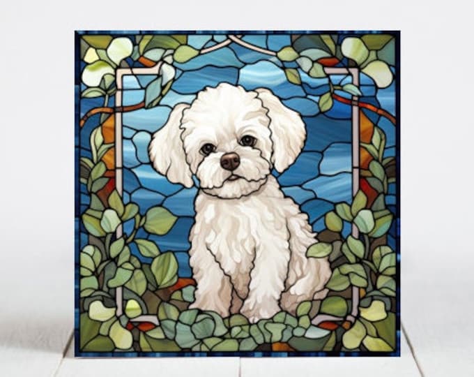 Bichon Frise Ceramic Tile, Bichon Frise Decorative Tile, Bichon Frise Gift, Bichon Frise Coaster, Faux Stained-Glass Dog Art