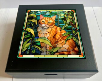 Orange Tabby Cat Keepsake Box, Faux Stained Glass Jewelry Box, Cat Lover Gift, Pet Memorial Gift