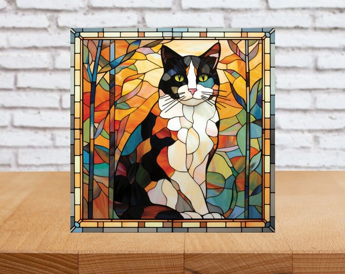 Calico Cat Wall Art, Calico Cat Decorative Wood Sign, Cat Sign, Cat Home Decor, Cat Art Gift, Cat Wall Decor, Faux Stained-Glass Cat Art