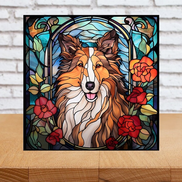 Rough Collie Wall Art, Collie Wood Sign, Rough Collie Sign, Collie Home Decor, Collie Gift, Faux Stained-Glass Dog Art