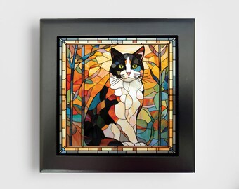 May include: A square wall art piece featuring a stained glass style illustration of a calico cat. The cat has black, white, and orange patches, set against a background of amber, yellow, and blue geometric glass segments in a black frame.