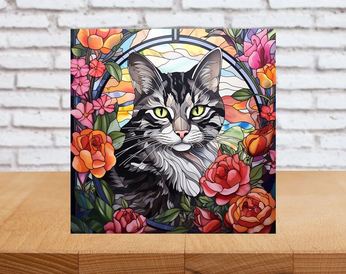 Tabby Cat Wall Art, Tabby Cat Decorative Wood Sign, Cat Sign, Cat Home Decor, Cat Art Gift, Cat Wall Decor, Faux Stained-Glass Cat Art