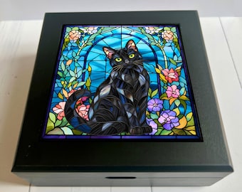 Personalized Cat Keepsake Box, Custom Cat Portrait from Photo, Faux Stained Glass Cat Memorial Gift, Cat Memory Box, Pet Loss Gift