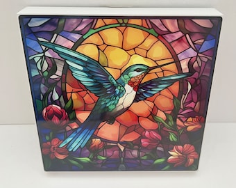 Hummingbird Art on Wood Block, Hummingbird Decor, Hummingbird Gift, Hummingbird Faux Stained Glass Art, Hummingbird Gift