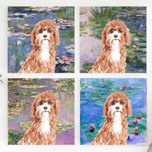 May include: Set of four square art prints featuring a brown and white dog in front of a water lily pond. The background is a colorful impressionistic painting with blue, green, and pink hues. The dog is the focal point of each print.