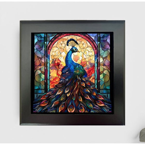 Peacock Jewelry or Keepsake Box, Peacock Memory Box, Peacock Decorative Box, Peacock Gift, Peacock Home Decor, Faux Stained Glass