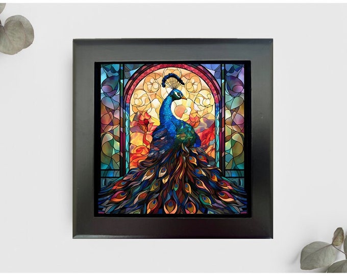 Peacock Jewelry or Keepsake Box, Peacock Memory Box, Peacock Decorative Box, Peacock Gift, Peacock Home Decor, Faux Stained Glass