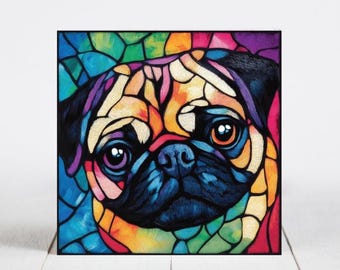 Pug Ceramic Tile, Pug Decorative Tile, Pug Gift, Pug Coaster, Faux Embroidery Dog Art